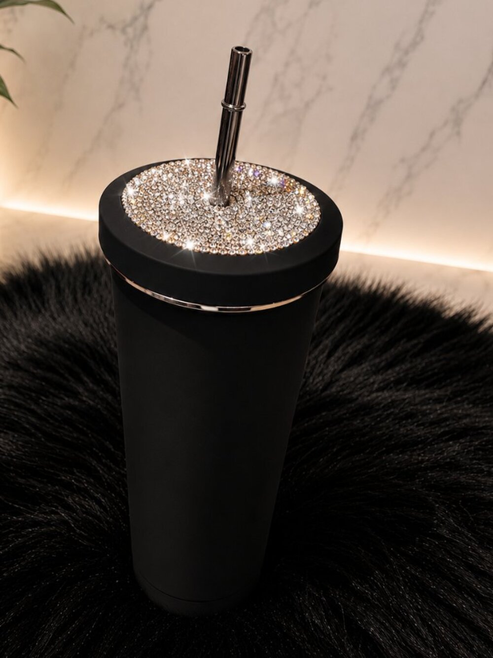 Black Rhinestone Bling Tumbler Cup with Metallic Straw | 500ml